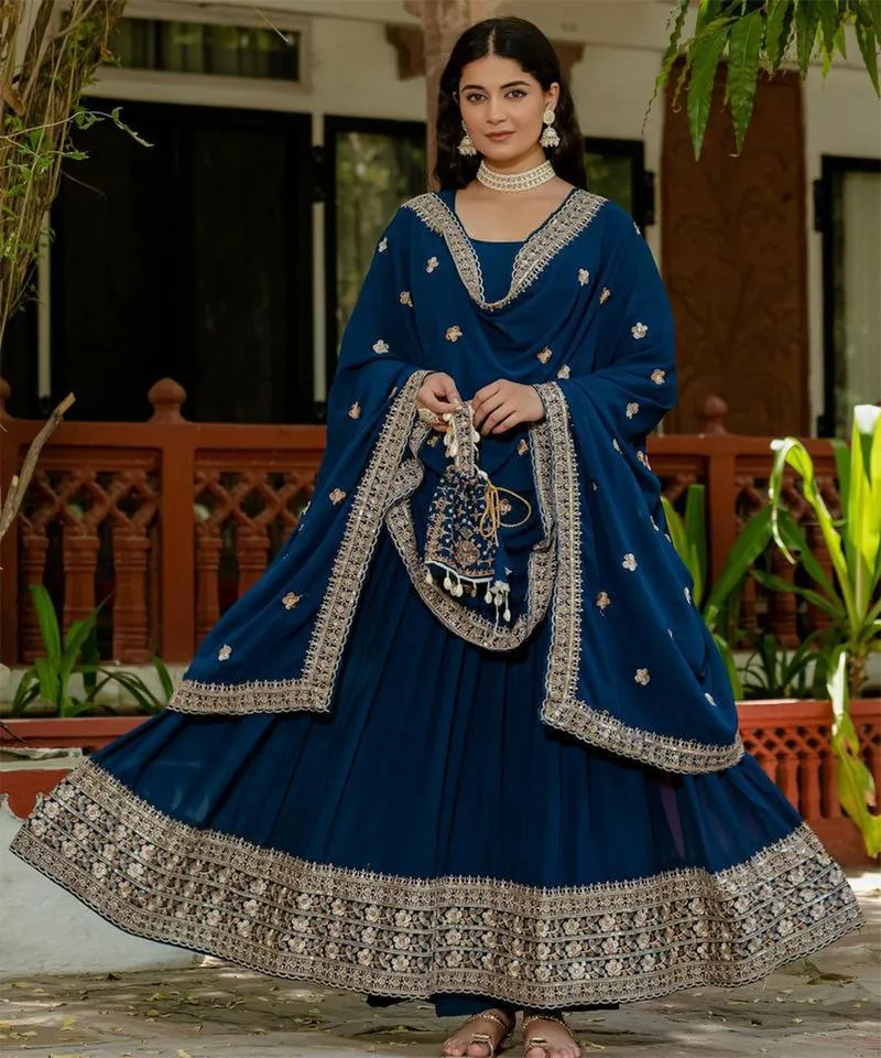 Teal Blue Embroidered Anarkali Set Stitched